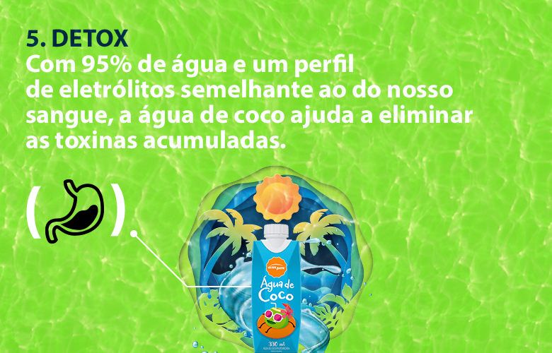 Detox _Com 95% de água e um perfil de eletrólitos semelhante ao do nosso sangue, a água de coco ajuda a eliminar as toxinas acumuladas.